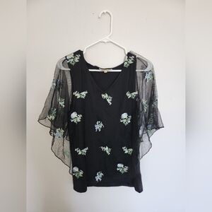 Black Sheer Flutter Sleeve Blouse with Floral Embroidery